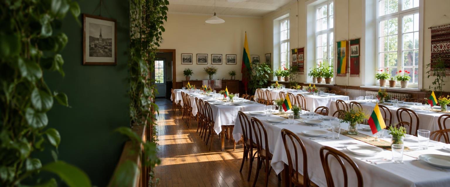 An illustrative Lithuanian community hall set for a gathering